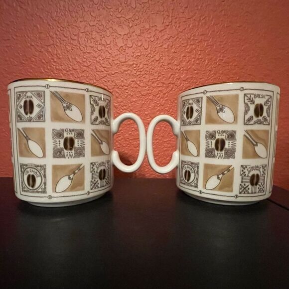 World Coffee Bean Spoon Pattern France Porcelain Gold Rim Coffee Mugs - Picture 4 of 12